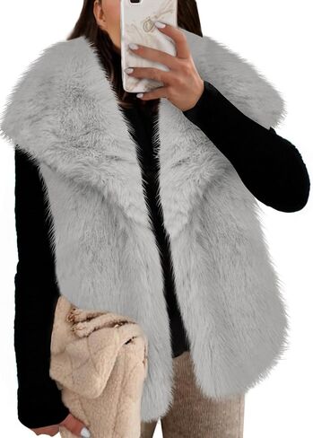 Cicy Bell Womens Oversized Faux Fur Vests Fuzzy Warm Open Front Lapel Sleeveless Fluffy Cropped Winter Coats Outerwear in Saudi Arabia