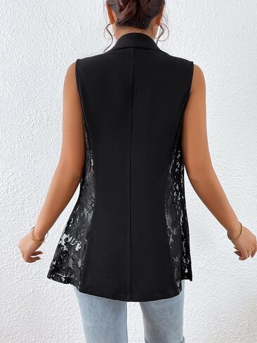 WDIRARA Women's Contrast Lace Jacket Sleeveless Single Button Lapel Neck Blazer Vest in Saudi Arabia
