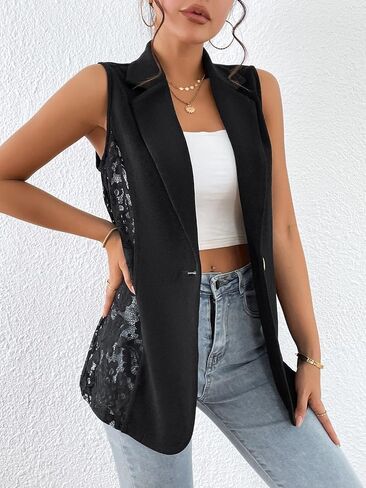 WDIRARA Women's Contrast Lace Jacket Sleeveless Single Button Lapel Neck Blazer Vest in Saudi Arabia