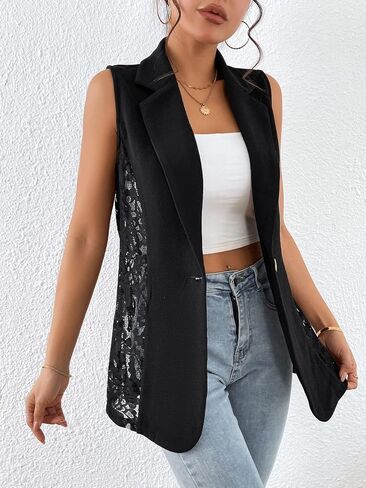 WDIRARA Women's Contrast Lace Jacket Sleeveless Single Button Lapel Neck Blazer Vest in Saudi Arabia