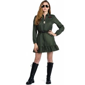 Fighter Pilot Costume for Women - Military Aviator Dress with Sunglasses, Dog Tag & Belt, Halloween Cosplay Outfit in Kuwait