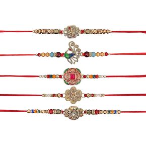 Combo of 5 Rakhi for Brother | Designer Raksha Bandhan Gift Box with Greeting Card | Traditional Indian Rakhi Set | Festival Gift in Saudi Arabia
