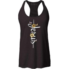 Jesus Script Cross with Flowers and Butterflies Women's Racerback Tank Top Slim Fit in Kuwait