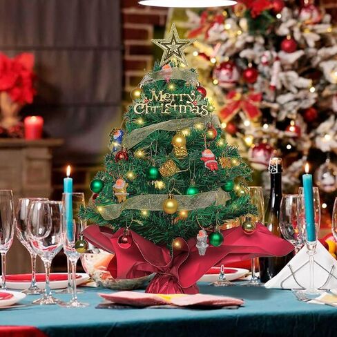 24inch/2ft Tabletop Christmas Tree with Lights Green Mini Artificial Christmas Tree, Small Xmas Tree Gift Box and Ball Ornaments for Christmas Holiday Indoor Decoration in Saudi Arabia