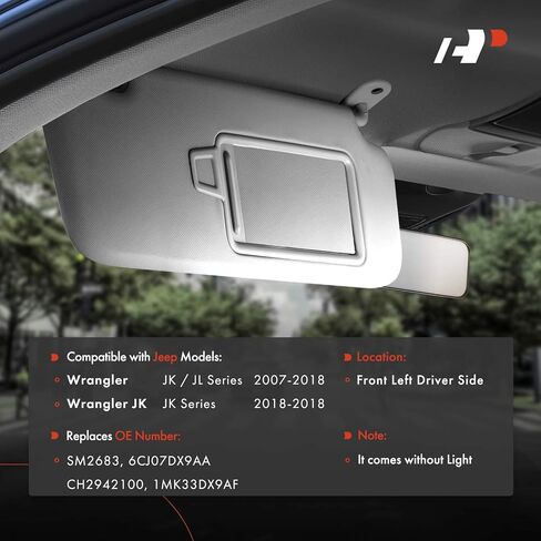 A-Premium Driver Left Side Sun Visor Compatible with Jeep Wrangler 2007-2018, Wrangler JK 2018 - with Vanity Mirror, Without Vanity Light, Black in Saudi Arabia