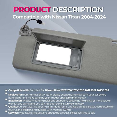 حاجب الشمس من جانب السائق مع استبدال الضوء يناسب Nissan Titan 2004-2024 Sunshade 96401-EZ70B 96401-EZ70B اللون رمادي (رمادي (جانب السائق)) in Saudi Arabia