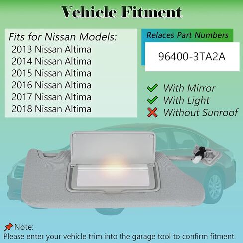 حاجب الشمس من جانب السائق الأيسر LH مع مرآة متوافق مع 2013 2014 2015 2016 2017 2018 Nissan Altima يستبدل OE# 96401-3TA2A، اللون: رمادي (جانب السائق الأيسر) in Kuwait