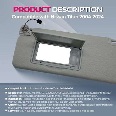 حاجب الشمس من جانب السائق مع استبدال الضوء يناسب Nissan Titan 2004-2024 Sunshade 96401-EZ70B 96401-EZ70B اللون رمادي (رمادي (جانب السائق)) in Kuwait
