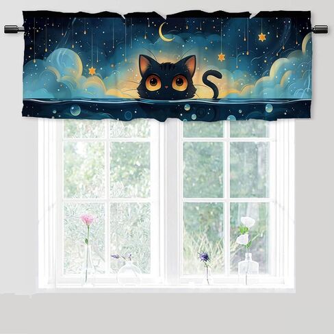 Cartoon Cat Valance Curtain for Kithchen Windows Cute Sunshine Dark Blue Water Anime Kitchen Window Valance Rod Pocket Short Window Valance Curtain for Kitchen Bathroom 1 Pack 52x 18 inch in Saudi Arabia