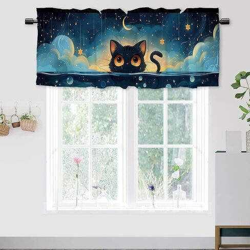 Cartoon Cat Valance Curtain for Kithchen Windows Cute Sunshine Dark Blue Water Anime Kitchen Window Valance Rod Pocket Short Window Valance Curtain for Kitchen Bathroom 1 Pack 52x 18 inch in Saudi Arabia