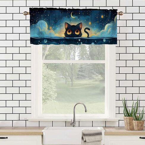 Cartoon Cat Valance Curtain for Kithchen Windows Cute Sunshine Dark Blue Water Anime Kitchen Window Valance Rod Pocket Short Window Valance Curtain for Kitchen Bathroom 1 Pack 52x 18 inch in Saudi Arabia