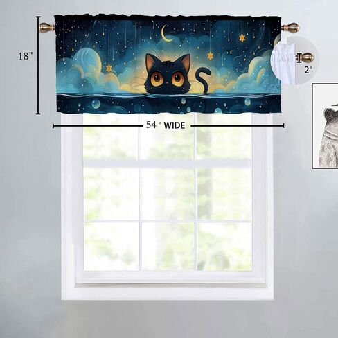 Cartoon Cat Valance Curtain for Kithchen Windows Cute Sunshine Dark Blue Water Anime Kitchen Window Valance Rod Pocket Short Window Valance Curtain for Kitchen Bathroom 1 Pack 52x 18 inch in Saudi Arabia