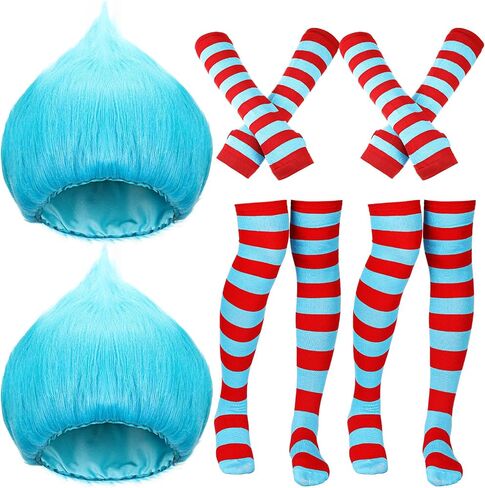 2sets Unisex Blue Thing Costume Set Funky Crazy Wig with Striped Socks and Gloves Outfit Accessories for Halloween in Saudi Arabia