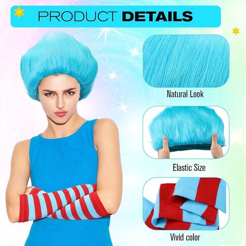 2sets Unisex Blue Thing Costume Set Funky Crazy Wig with Striped Socks and Gloves Outfit Accessories for Halloween in Saudi Arabia