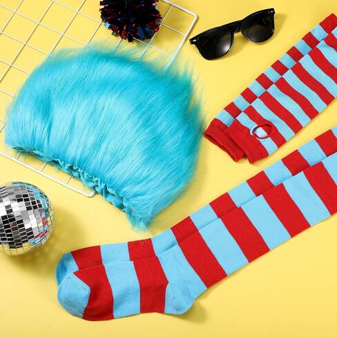 2sets Unisex Blue Thing Costume Set Funky Crazy Wig with Striped Socks and Gloves Outfit Accessories for Halloween in Saudi Arabia