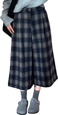 chouyatou Women's Fall Winter Plaid Wool Culottes Capri Cropped Pants Elastic Wide Leg Palazzo Trouser in Saudi Arabia