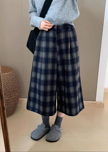chouyatou Women's Fall Winter Plaid Wool Culottes Capri Cropped Pants Elastic Wide Leg Palazzo Trouser in Saudi Arabia