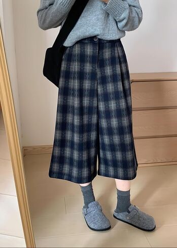 chouyatou Women's Fall Winter Plaid Wool Culottes Capri Cropped Pants Elastic Wide Leg Palazzo Trouser in Saudi Arabia