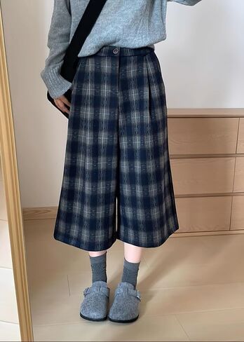 chouyatou Women's Fall Winter Plaid Wool Culottes Capri Cropped Pants Elastic Wide Leg Palazzo Trouser in Saudi Arabia