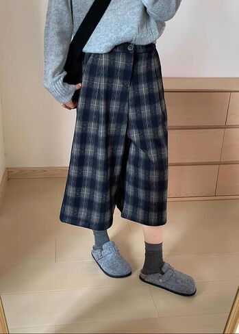 chouyatou Women's Fall Winter Plaid Wool Culottes Capri Cropped Pants Elastic Wide Leg Palazzo Trouser in Saudi Arabia
