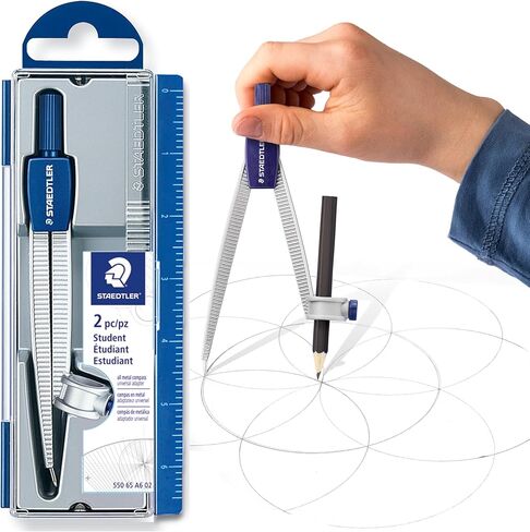 Staedtler Metal Compass, 4-7/8" with safety point and universal adapter, includes storage case with measurements in Kuwait