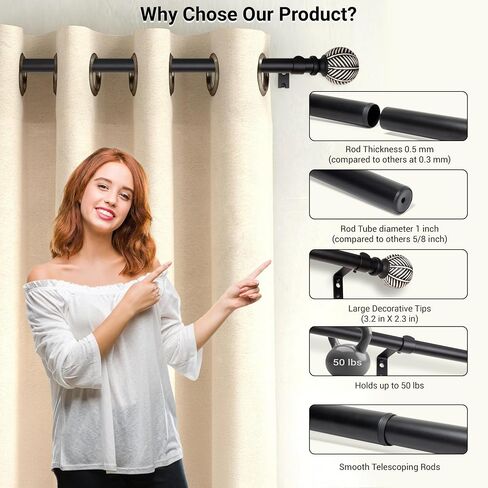 Heavy Duty Curtain Rods for Windows 72 to 144 Inch, 1 Inch Adjustable Black Curtain Rod with Leaf Pattern Finals- Easy-Installation and Modern Design, 72-144 inch in Saudi Arabia