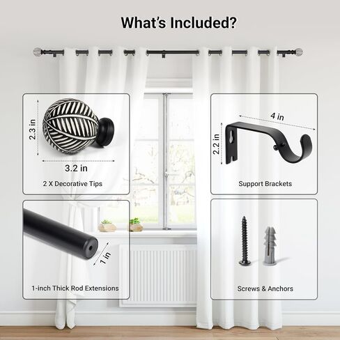 Heavy Duty Curtain Rods for Windows 72 to 144 Inch, 1 Inch Adjustable Black Curtain Rod with Leaf Pattern Finals- Easy-Installation and Modern Design, 72-144 inch in Saudi Arabia