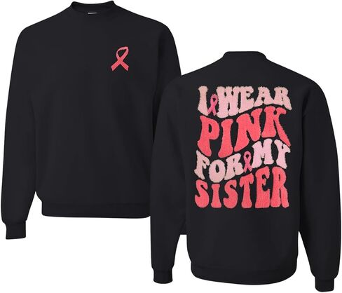 Wild Bobby Breast Cancer Awareness Trendy Fuzzy Pink Chenille Fabric Fluffy Patch Front and Back Crewneck Sweatshirt in Saudi Arabia