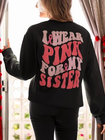 Wild Bobby Breast Cancer Awareness Trendy Fuzzy Pink Chenille Fabric Fluffy Patch Front and Back Crewneck Sweatshirt in Saudi Arabia