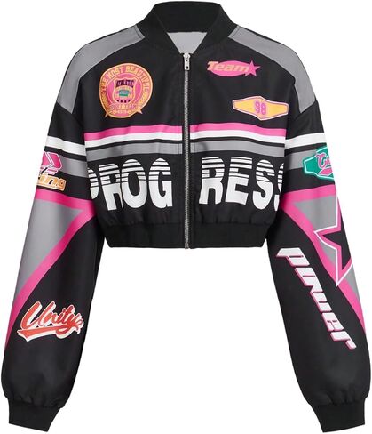 Floerns Women's Letter Print Bomber Jacket Long Sleeve Motorcycle Crop Racing Jacket in Saudi Arabia