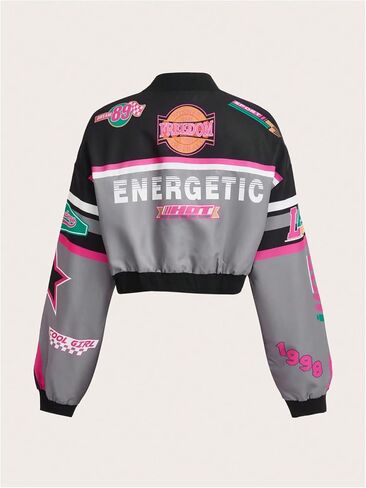 Floerns Women's Letter Print Bomber Jacket Long Sleeve Motorcycle Crop Racing Jacket in Saudi Arabia