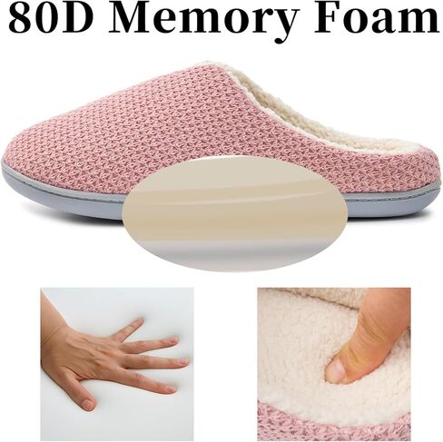 Women’s Cozy Winter Slippers with Textured Knit Upper and Plush Fleece Lining, Memory Foam Insole and Non-Slip Sole, Slip-On House Shoes, Pink or Grey in Kuwait