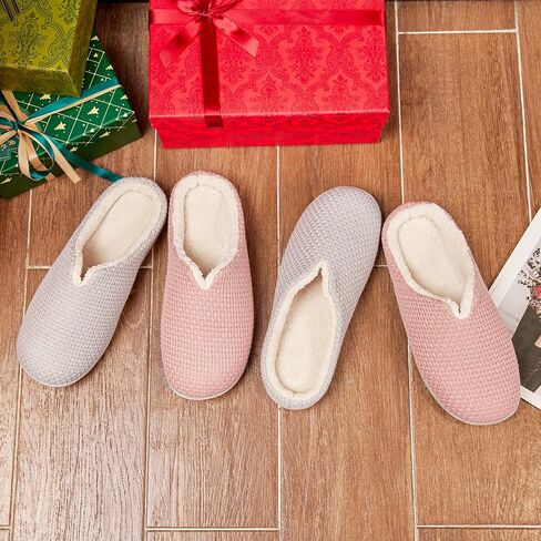 Women’s Cozy Winter Slippers with Textured Knit Upper and Plush Fleece Lining, Memory Foam Insole and Non-Slip Sole, Slip-On House Shoes, Pink or Grey in Kuwait