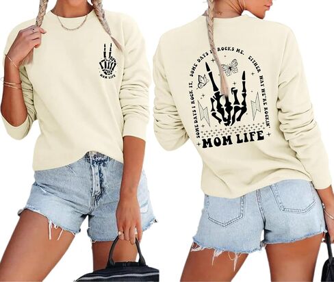 Mom Life Sweatshirt Mama Sweatshirts for Women Skeleton Halloween Long Sleeve Shirt Rock Crewneck Graphic Pullover in Saudi Arabia