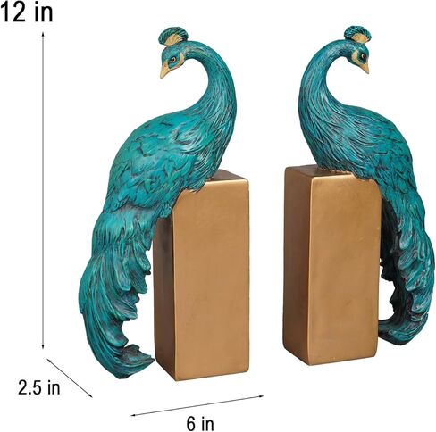 Heavy Duty Bookends Home Decor - Set of 2 Resin Peacock Non-Skid Decorative Bookends Bird Bookends Modern Peacock Statue Decor for Bookshelves Office Desk Living Room 6 * 2.5 * 12 Inch Braxio in Kuwait