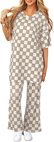 Two Piece Sets for Women Checkered Half Sleeve Tunic Top and Flared Pants Matching Lounge Set Casual Outfits Tracksuit in Kuwait