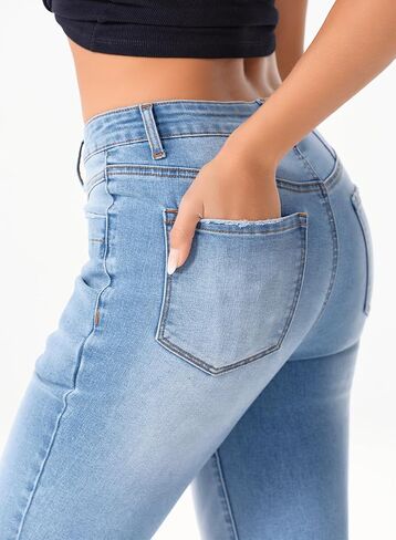 بنطال جينز Sidefeel نسائي عالي الخصر وواسع الساق وزر على شكل جرس وواسع من قماش الدنيم زيمبابلاتينيوم in Saudi Arabia