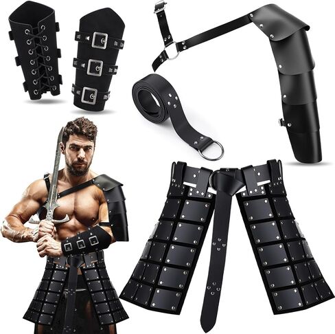 Sanwuta 5 Pcs Halloween Renaissance Accessories Men Medieval Costume Leather Viking Shoulder Armor Thigh Armor Belt Arm Guard in Saudi Arabia