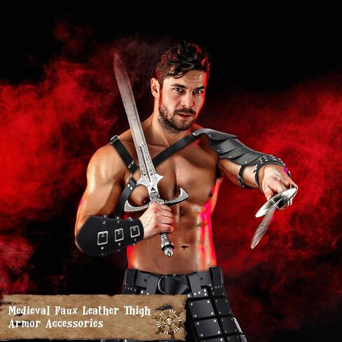 Sanwuta 5 Pcs Halloween Renaissance Accessories Men Medieval Costume Leather Viking Shoulder Armor Thigh Armor Belt Arm Guard in Saudi Arabia
