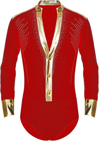 بدلة رجالي معدنية لامعة مرصعة بأحجار الراين اللاتينية بدلة رقص الجمباز والتزلج على الجليد قاعة السامبا والجاز والرقص (أحمر، L) in Kuwait