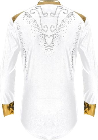 Mens Metallic Shiny Rhinestones Latin Tuxedo Leotard Bodysuit Gymnastics Figure Skating Samba Ballroom Jazz Dance Body Tops(Red,L) in Kuwait
