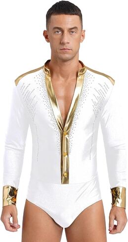 Mens Metallic Shiny Rhinestones Latin Tuxedo Leotard Bodysuit Gymnastics Figure Skating Samba Ballroom Jazz Dance Body Tops(Red,L) in Kuwait