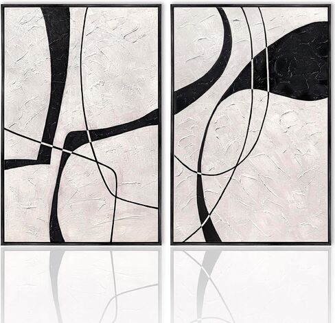 100% Hand-Painted, Black Color Framed 2-Set Black and White Wall Art Thick Texture Large Abstract Wall Art Decor for Living Room, Bedroom, Office, Modern Home Decor - 2 Piece of 90cm x 60cm in Kuwait