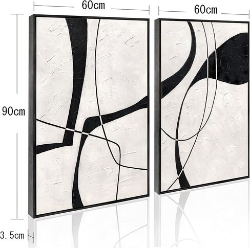 100% Hand-Painted, Black Color Framed 2-Set Black and White Wall Art Thick Texture Large Abstract Wall Art Decor for Living Room, Bedroom, Office, Modern Home Decor - 2 Piece of 90cm x 60cm in Kuwait