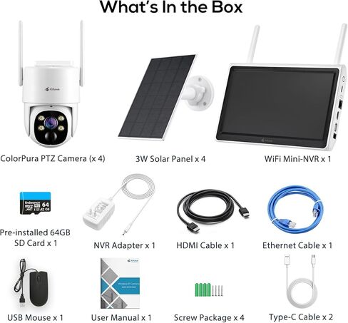 Kittyhok Outdoor Solar Security Camera System Wireless | 4pcs 2K Solar PTZ Security Camera, Pro Color Night Vision, Human Detection, 360 Viewing | 10CH NVR with 10'' HD Monitor, 60 Days Local Storage in Kuwait