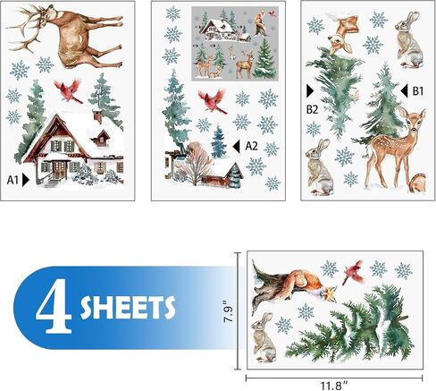 Mfault Winter Wildlife Window Clings, Forest Animals Reindeer Cardinal Fox Rabbit House Pine Tree Stickers Decals Decorations, Farmhouse Christmas Woodland Snowflake Home Living Room Kitchen Decor in Saudi Arabia