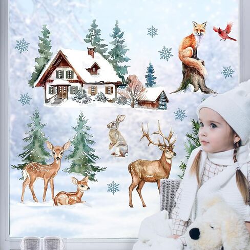 Mfault Winter Wildlife Window Clings, Forest Animals Reindeer Cardinal Fox Rabbit House Pine Tree Stickers Decals Decorations, Farmhouse Christmas Woodland Snowflake Home Living Room Kitchen Decor in Saudi Arabia