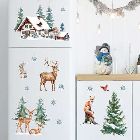 Mfault Winter Wildlife Window Clings, Forest Animals Reindeer Cardinal Fox Rabbit House Pine Tree Stickers Decals Decorations, Farmhouse Christmas Woodland Snowflake Home Living Room Kitchen Decor in Saudi Arabia