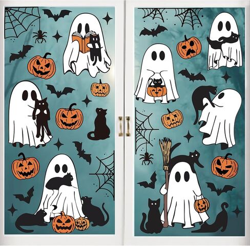Halloween Ghost Window Cling Sticker Spooky Ghost Pumpkin Black Cat Reusable Window Decals for Party Home Classroom Decor, 6 Sheets in Saudi Arabia