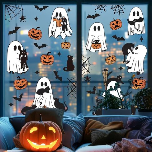 Halloween Ghost Window Cling Sticker Spooky Ghost Pumpkin Black Cat Reusable Window Decals for Party Home Classroom Decor, 6 Sheets in Saudi Arabia